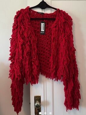 Red Textured Fringe Knit Sweater Cardigan -
